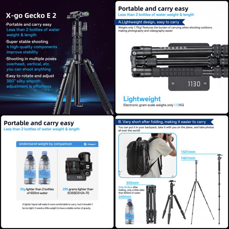 Chargez l&#39;image dans la visionneuse de la galerie, Fotopro X-go Gecko E 2 5-Section Aluminum 2 in 1 Tripod Monopod - Polar Tech Australia
