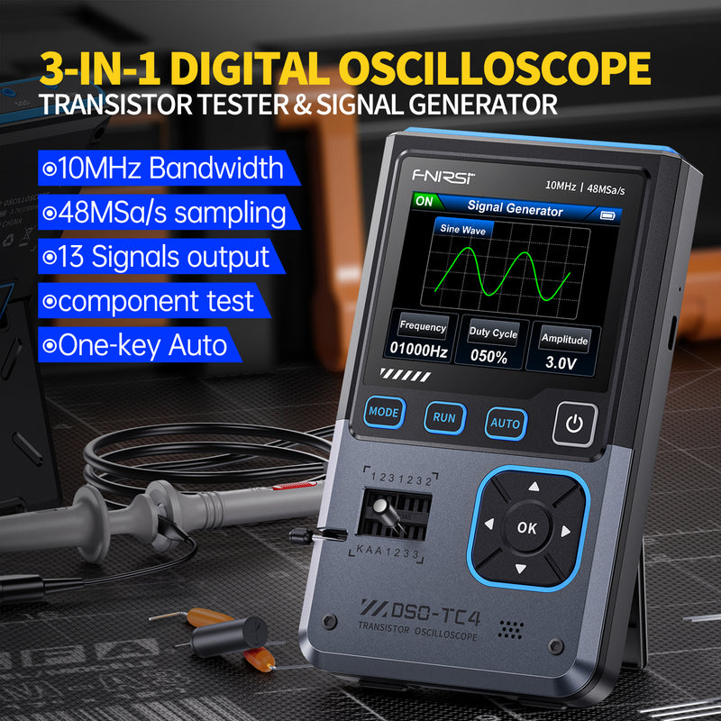 Cargue la imagen en el visor de la galería, [DSO-TC4] FNIRSI 3-IN-1 10MHz 48MSa/s Digital Oscilloscope Transistor Tester Signal Generator
