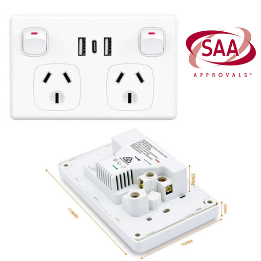 10A 2400W Max Double Power Point GPO Wall outlet Supply With Dual USB & Type-C SAA - White