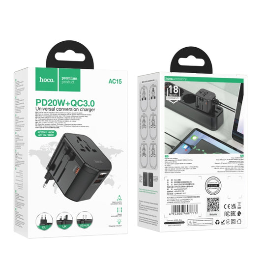 [AC15] HOCO Universal 3 Ports PD 20W + 2 x QC 3.0 Fast USB Charging Converter Wall Charger International Travelling Adapter - Polar Tech Australia