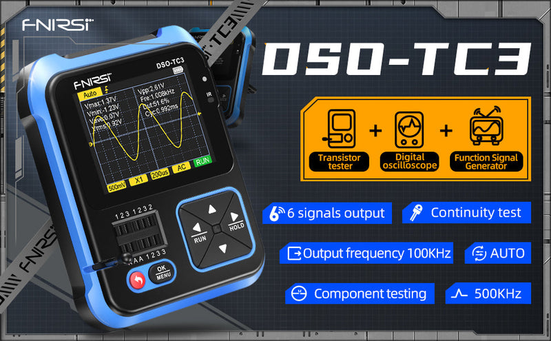 Cargue la imagen en el visor de la galería, [DSO-TC3] FNIRSI Digital Oscilloscope Transistor Tester Signal Generator 3 in1 500Khz 10MSa/s Capacitor Resistor Diode 100K output - Polar Tech Australia
