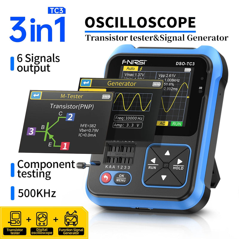 Cargue la imagen en el visor de la galería, [DSO-TC3] FNIRSI Digital Oscilloscope Transistor Tester Signal Generator 3 in1 500Khz 10MSa/s Capacitor Resistor Diode 100K output - Polar Tech Australia
