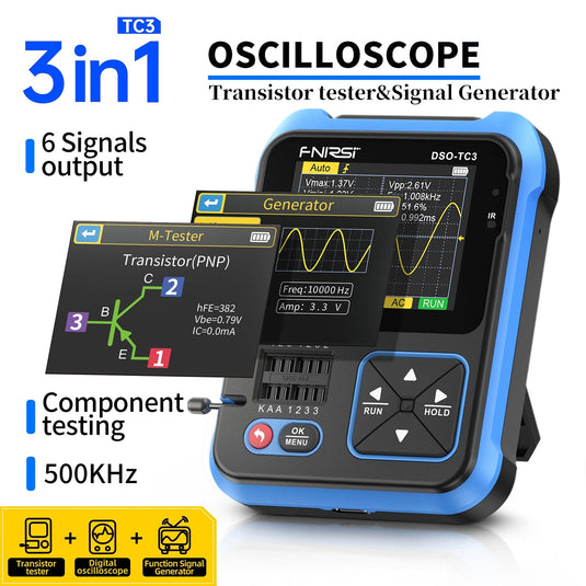 [DSO-TC3] FNIRSI Digital Oscilloscope Transistor Tester Signal Generator 3 in1 500Khz 10MSa/s Capacitor Resistor Diode 100K output - Polar Tech Australia