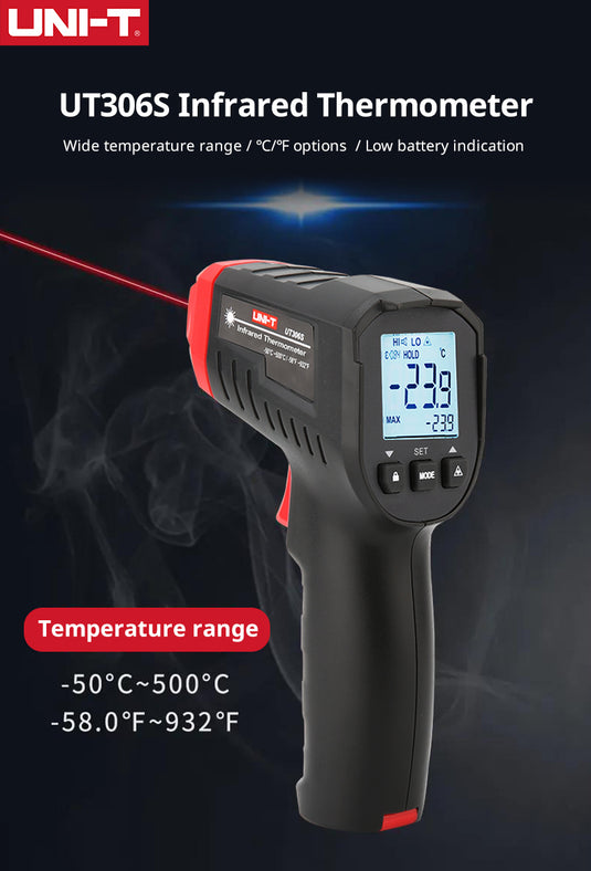 [UT306S] UNI-T Digital Infrared Thermometer Non-contact Laser Thermometer Gun Temperature Tester -50-500 - Polar Tech Australia