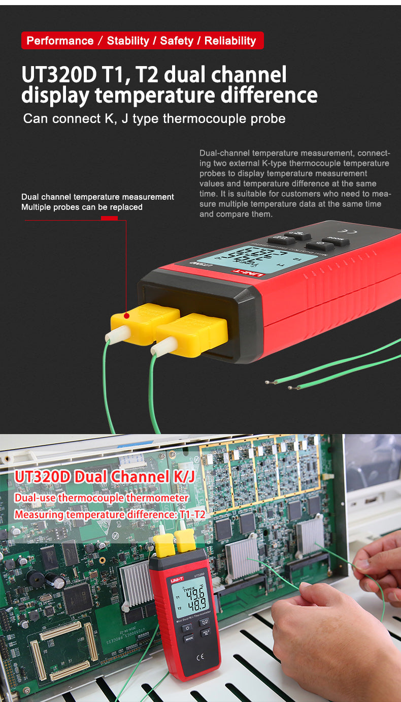 Load image into Gallery viewer, [UT320D] UNI-T Digital Thermometer Mini Dual Contact Thermocouple Type K J High Temperature Meter Tester -50℃ to 1300℃ - Polar Tech Australia
