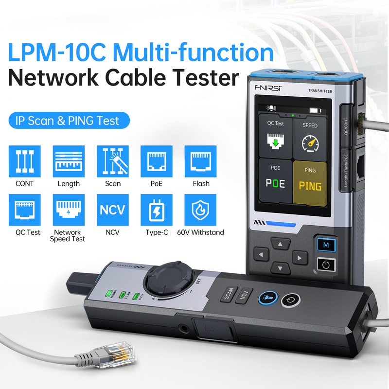 Cargue la imagen en el visor de la galería, [LPM-10C] FNIRSI LPM-10C Network Cable Tester Cable Tracer Wire Mapper PoE Gigabit LAN Tester with PING IP Scanner RJ45 Fault Detection NCV &amp; LED Flashlight
