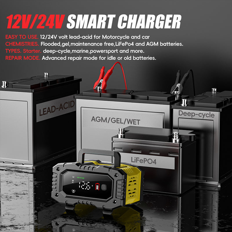 Cargue la imagen en el visor de la galería, FOXSUR 12V 10A / 24V 5A Smart Automatic Battery Charger with Repair Mode, LCD Display &amp; AU Plug - Polar Tech Australia
