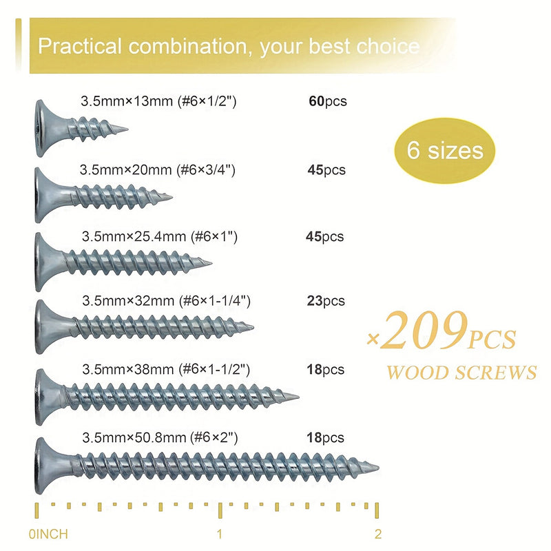 Cargue la imagen en el visor de la galería, [209 Pieces] Stainless Steel Self-Tapping M3.5 #6 Wood Screw Self-Drilling Assortment Kit
