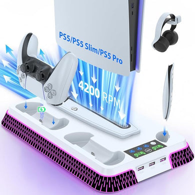 SONY PlayStation PS5 Slim & PS5 Pro - All-in-one Multifunction Charging Stand with Cooling Fan & RBG Light Effect - Polar Tech Australia