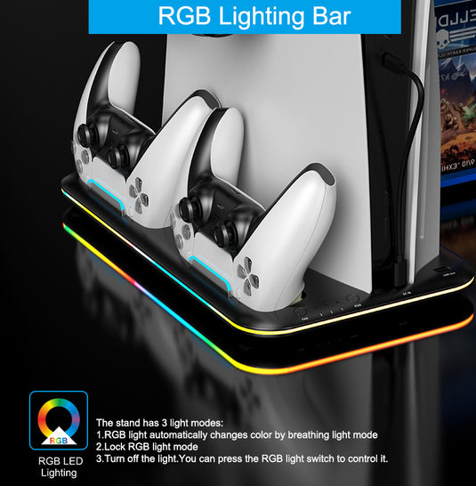 SONY PlayStation 5 / PS5 All-in-one Multifunction Charging Stand with Cooling Fan & RBG Light Effect & Disc Storage - Polar Tech Australia