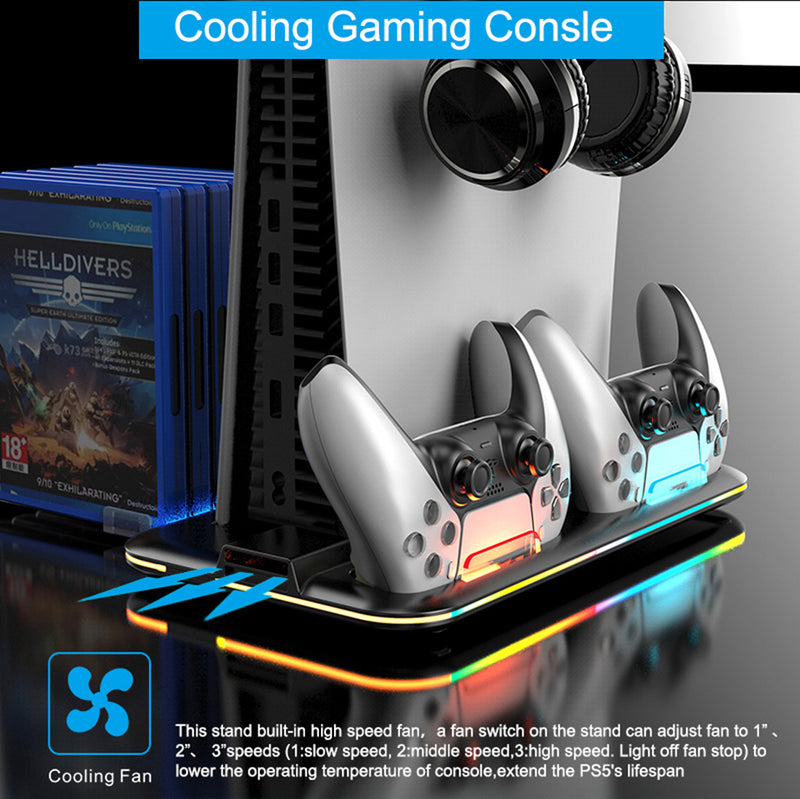 Load image into Gallery viewer, SONY PlayStation 5 / PS5 All-in-one Multifunction Charging Stand with Cooling Fan &amp; RBG Light Effect &amp; Disc Storage - Polar Tech Australia
