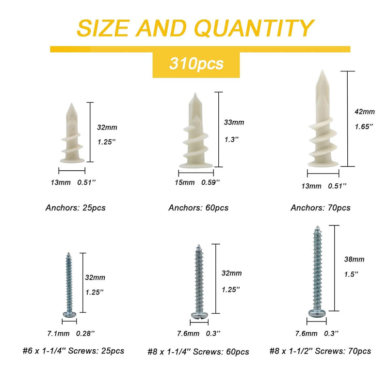 Cargue la imagen en el visor de la galería, [310 Pieces Kit] Drywall Anchors Self Drilling Nylon Plastic Hollow Wall Anchors with Screws Kit Assortments
