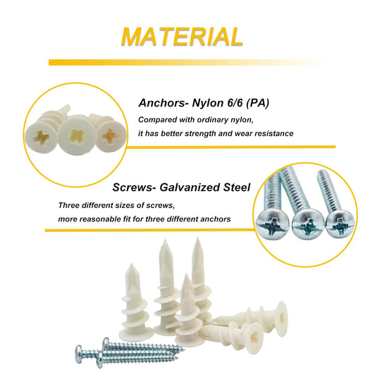 [310 Pieces Kit] Drywall Anchors Self Drilling Nylon Plastic Hollow Wall Anchors with Screws Kit Assortments