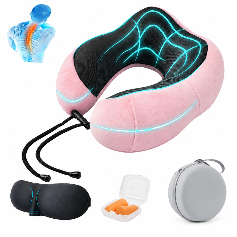 Cargue la imagen en el visor de la galería, Ergonomic Memory Foam Travel Neck Pillow with Eye Mask, Earplugs &amp; Carry Case – Adjustable Neck Support for Airplane, Car &amp; Travel - Polar Tech Australia
