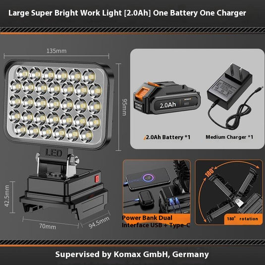[Battery & Charger Bundle Kit] Komax Portable Foldable 21V Battery Powered LED Light With USB & Type-C Ports - Polar Tech Australia