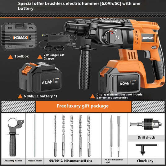 [Battery + Charger Bundel Kit] Komax 21V 1000W High Power Cordless Electric Hammer Drill 26mm rotary machine SDS plus with 3 modes, cordless drill machine with reverse/forward switch, Brushless motor