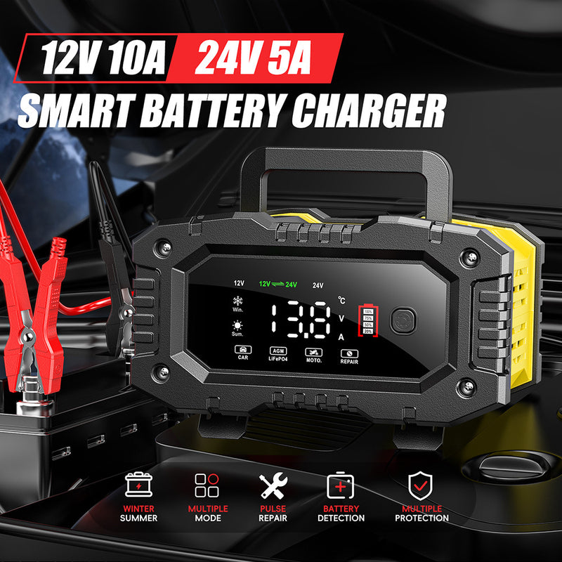 Cargue la imagen en el visor de la galería, FOXSUR 12V 10A / 24V 5A Smart Automatic Battery Charger with Repair Mode, LCD Display &amp; AU Plug - Polar Tech Australia
