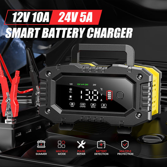 FOXSUR 12V 10A / 24V 5A Smart Automatic Battery Charger with Repair Mode, LCD Display & AU Plug - Polar Tech Australia