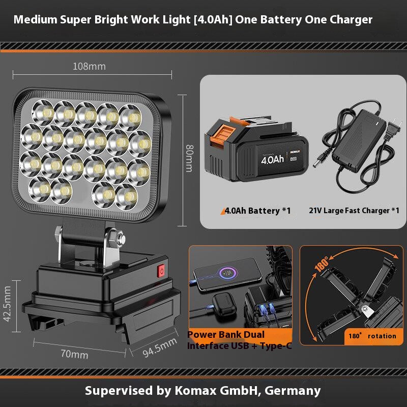 Load image into Gallery viewer, [Battery &amp; Charger Bundle Kit] Komax Portable Foldable 21V Battery Powered LED Light With USB &amp; Type-C Ports - Polar Tech Australia
