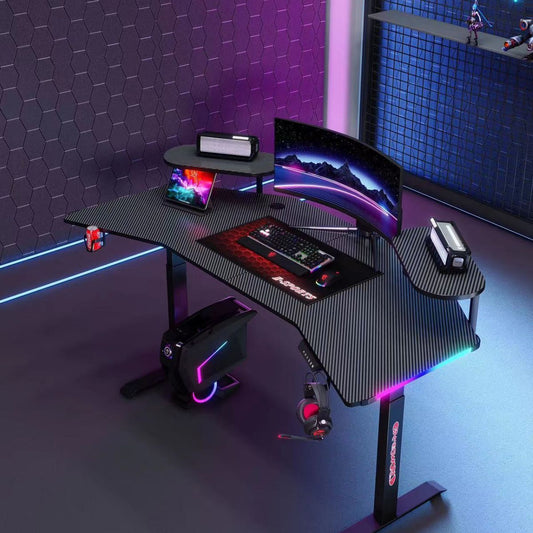 [Motorized Adjustable] Ultra Wide Large Gaming Desk with RBG LED Lights Carbon Fiber Surface with Cup Holder & Headphone Hook