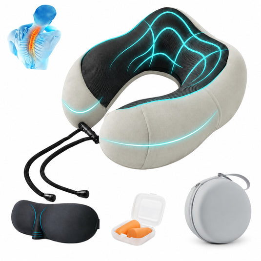 Ergonomic Memory Foam Travel Neck Pillow with Eye Mask, Earplugs & Carry Case – Adjustable Neck Support for Airplane, Car & Travel - Polar Tech Australia