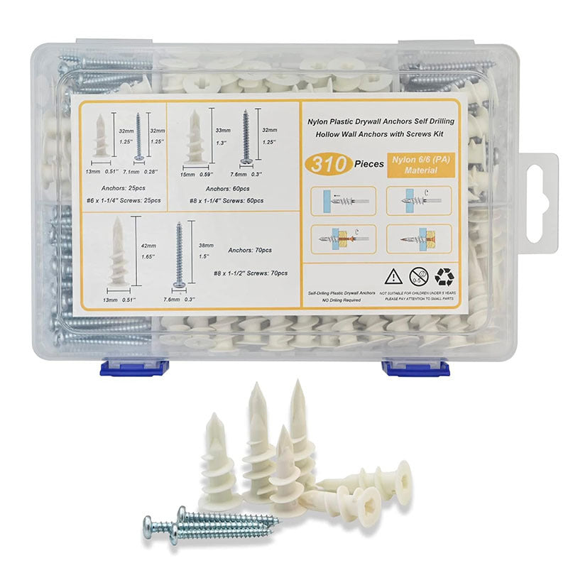 Cargue la imagen en el visor de la galería, [310 Pieces Kit] Drywall Anchors Self Drilling Nylon Plastic Hollow Wall Anchors with Screws Kit Assortments
