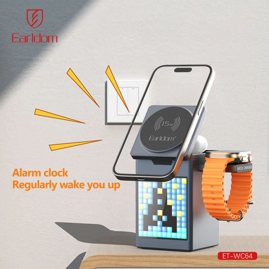 [WC14][Built-In LCD] 5 in 1 Earldom Aluminum Stand Alarm Clock QI 15W MagSafe Wireless Charging Magnet Stand - Polar Tech Australia