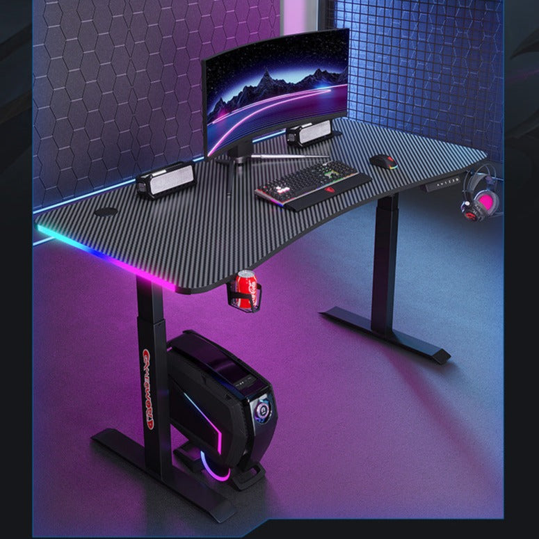 Cargue la imagen en el visor de la galería, [Motorized Adjustable] Large Gaming Desk Table with RBG LED Lights Carbon Fiber Surface with Cup Holder &amp; Headphone Hook - Polar Tech Australia
