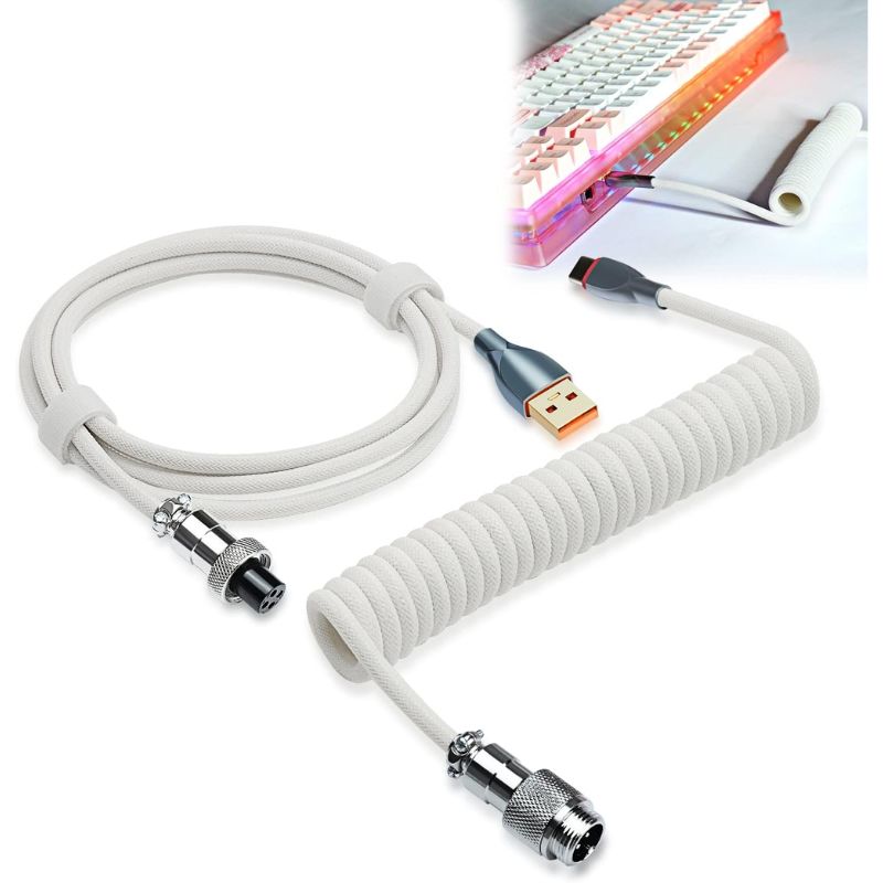 Chargez l&#39;image dans la visionneuse de la galerie, Custom Coiled 1.8M USB C Cable for Gaming Keyboard, Double-Sleeved Mechanical Keyboard Cable with Detachable Metal Aviator
