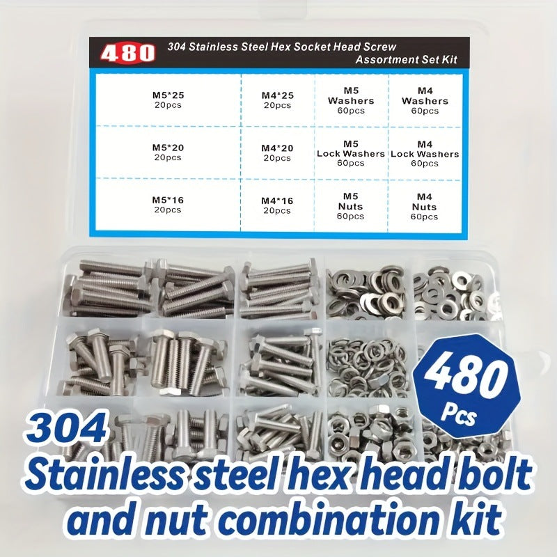 Cargue la imagen en el visor de la galería, [480 Pieces] Stainless Steel M4 M5 Hex Socket Screws, Bolts, Nuts Washers &amp; Lock Washers Set with Storage Box
