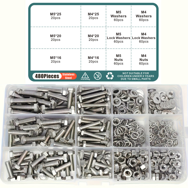 Cargue la imagen en el visor de la galería, [480 Pieces] Stainless Steel M4 M5 Hex Socket Screws, Bolts, Nuts Washers &amp; Lock Washers Set with Storage Box
