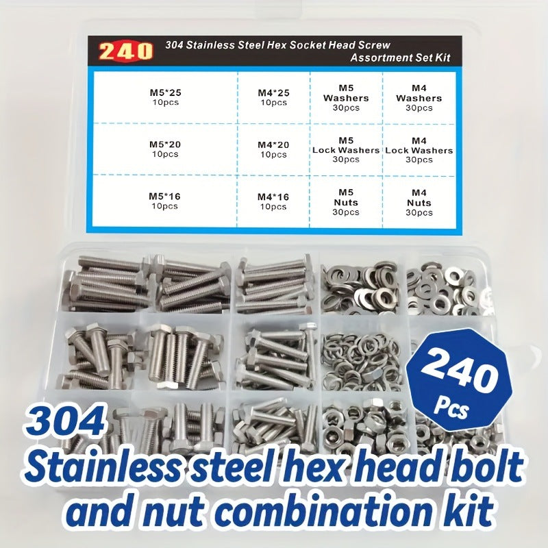 Cargue la imagen en el visor de la galería, [240 Pieces] Stainless Steel M4 M5 Hex Socket Screws, Bolts, Nuts Washers &amp; Lock Washers Set with Storage Box
