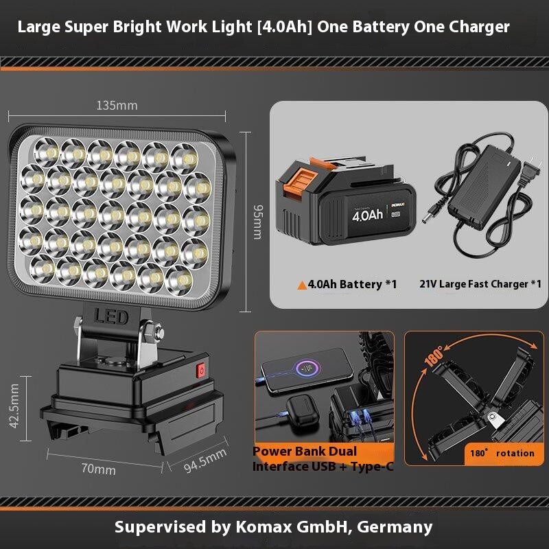 Load image into Gallery viewer, [Battery &amp; Charger Bundle Kit] Komax Portable Foldable 21V Battery Powered LED Light With USB &amp; Type-C Ports - Polar Tech Australia
