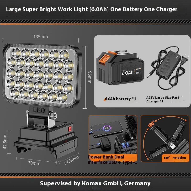 Load image into Gallery viewer, [Battery &amp; Charger Bundle Kit] Komax Portable Foldable 21V Battery Powered LED Light With USB &amp; Type-C Ports - Polar Tech Australia
