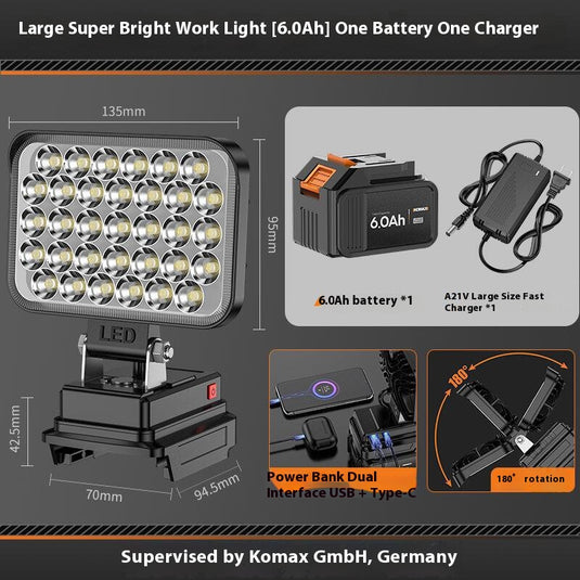 [Battery & Charger Bundle Kit] Komax Portable Foldable 21V Battery Powered LED Light With USB & Type-C Ports - Polar Tech Australia