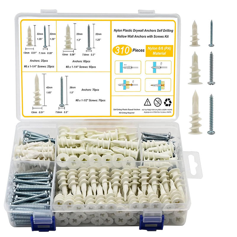 Cargue la imagen en el visor de la galería, [310 Pieces Kit] Drywall Anchors Self Drilling Nylon Plastic Hollow Wall Anchors with Screws Kit Assortments
