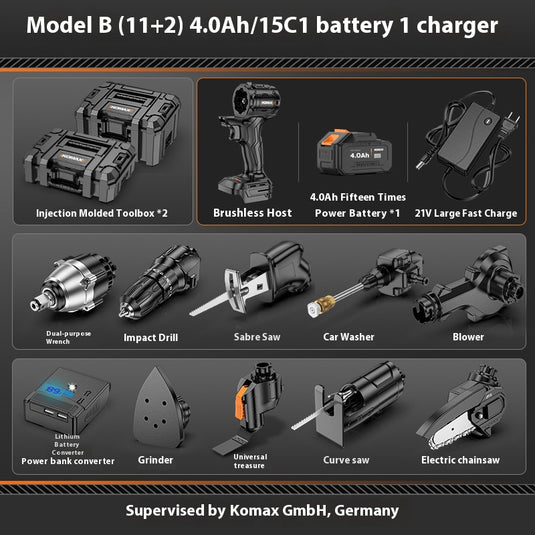 [15-in-1] Komax 21V High Power Cordless Wireless Lithium battery Tool combination multifunctional set electric hammer drill wrench Saw Blower