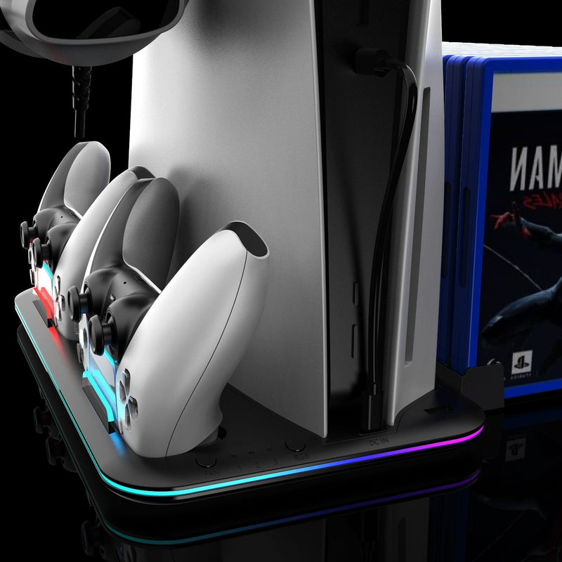 Load image into Gallery viewer, SONY PlayStation PS5 Slim &amp; PS5 Pro - All-in-one Multifunction Charging Stand with Cooling Fan &amp; RBG Light Effect &amp; Disc Storage - Polar Tech Australia
