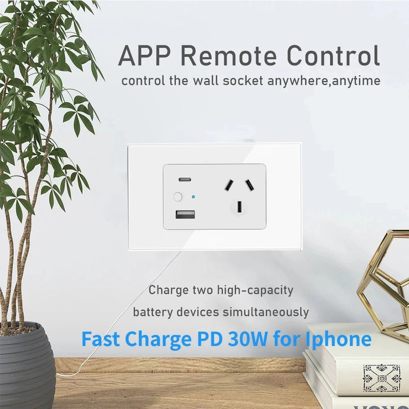 Cargue la imagen en el visor de la galería, [TUYA Smart Home] TUYA WiFi Smart 10A Wall Power Socket Outlet Glass Panel 1 Plug With 1 x USB &amp; 1 x PD 30W Port - Polar Tech Australia
