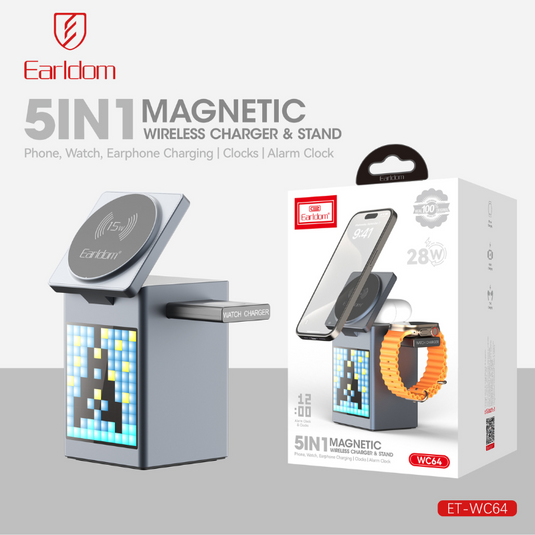 [WC14][Built-In LCD] 5 in 1 Earldom Aluminum Stand Alarm Clock QI 15W MagSafe Wireless Charging Magnet Stand - Polar Tech Australia