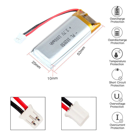 [PH2.0-JST Connector][102050] Universal 1000mAh 3.7V Rechargeable Li-Ion Lithium Polymer Battery - Polar Tech Australia