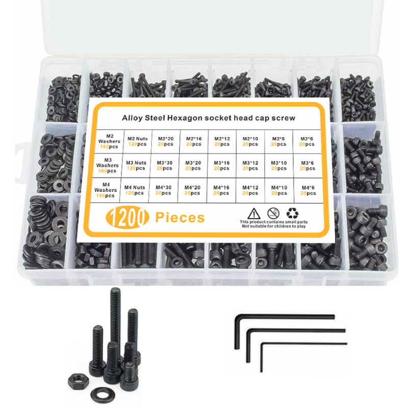 Cargue la imagen en el visor de la galería, [1200 Pieces] Stainless Steel Black M2 M3 M4 Hex Socket Screws, Bolts, Nuts &amp; Washers Set with Storage Box
