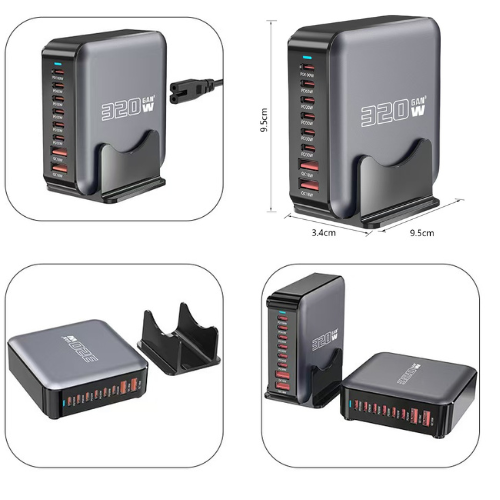 [320W GaN][SAA Approved] Universal Phone Tablet Laptop MacBook (6*PD+2*QC) 8 Ports USB Type-C Wall Charger Desktop Home Office Charging Station Power Adapter (AU Plug) - Polar Tech Australia