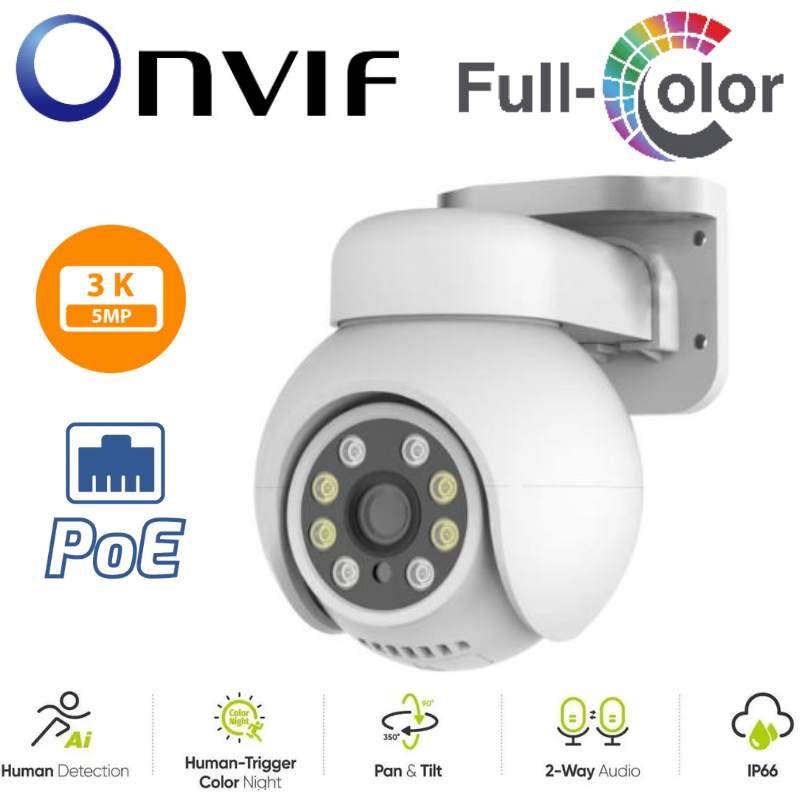 Chargez l&#39;image dans la visionneuse de la galerie, TUYA &amp; Onvif 5MP PTZ Two-way Talk PoE 2.8mm FHD Outdoor Security Full Color Night Vision Camera
