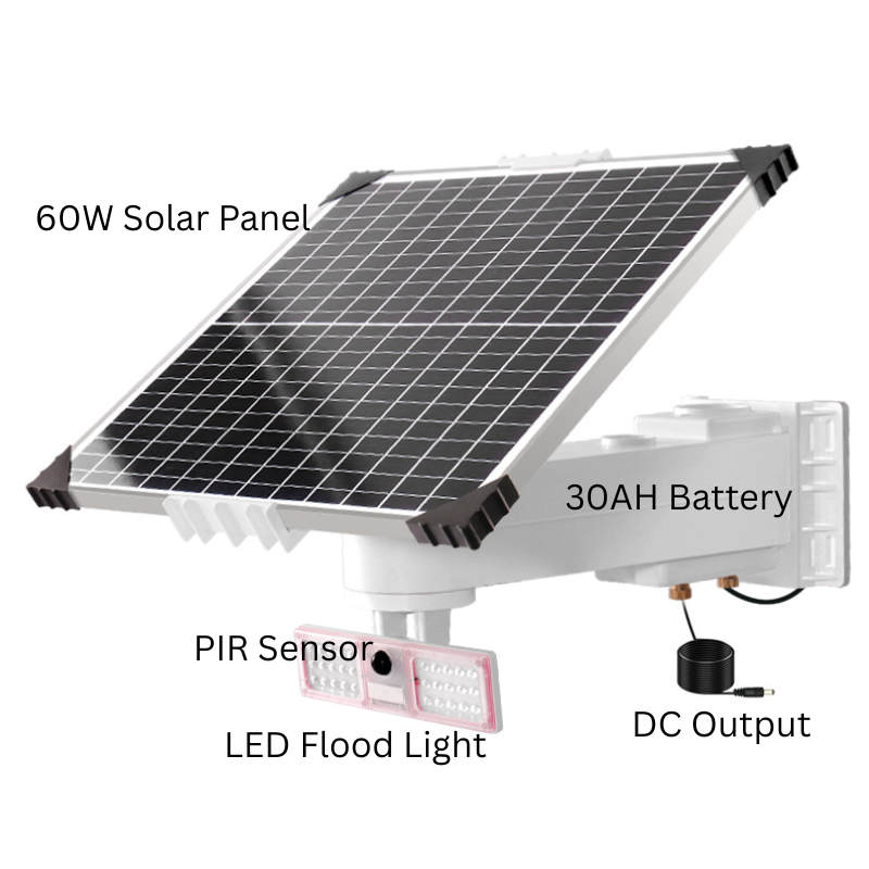 Load image into Gallery viewer, [Built-in 12V/30Ah Battery][With Flood Light] Universal 60W Solar Panel Powered 12V Power Supply CCTV Camera Wifi Bridge
