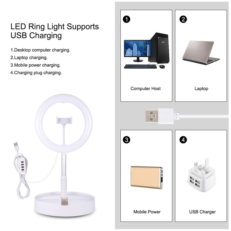 Cargue la imagen en el visor de la galería, 10.2&quot; (26cm) USB LED Ring Light – 3 Lighting Modes, Dimmable Dual-Colour Temperature with Folding Desktop Stand &amp; Phone Holder
