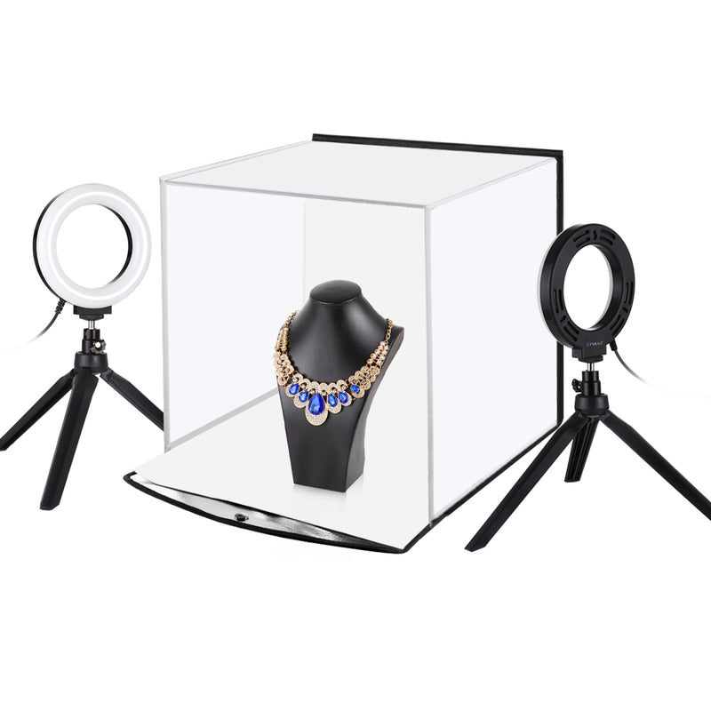 Cargue la imagen en el visor de la galería, 30cm Portable Folding Photo Softbox Tent + 4.6&quot; Ring LED Light Kit with 6 Backdrops (Red, Green, Yellow, Blue, White, Black) – 30 x 30 x 30cm
