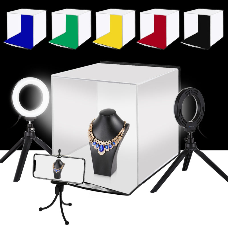 Cargue la imagen en el visor de la galería, 30cm Portable Folding Photo Softbox Tent + 4.6&quot; Ring LED Light Kit with 6 Backdrops (Red, Green, Yellow, Blue, White, Black) – 30 x 30 x 30cm
