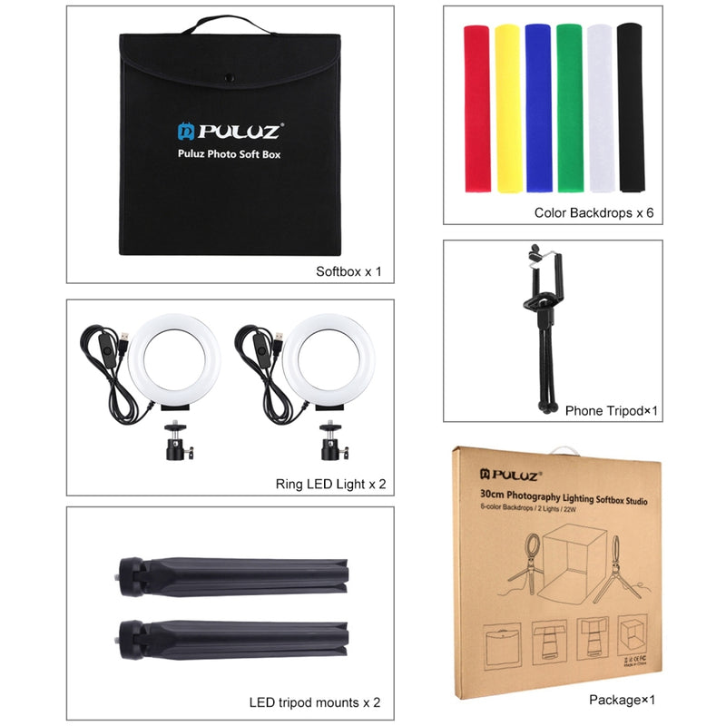 Cargue la imagen en el visor de la galería, 30cm Portable Folding Photo Softbox Tent + 4.6&quot; Ring LED Light Kit with 6 Backdrops (Red, Green, Yellow, Blue, White, Black) – 30 x 30 x 30cm
