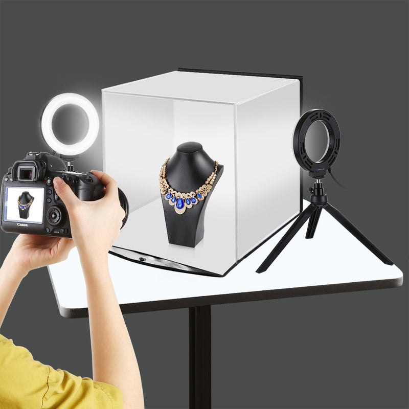 Cargue la imagen en el visor de la galería, 30cm Portable Folding Photo Softbox Tent + 4.6&quot; Ring LED Light Kit with 6 Backdrops (Red, Green, Yellow, Blue, White, Black) – 30 x 30 x 30cm
